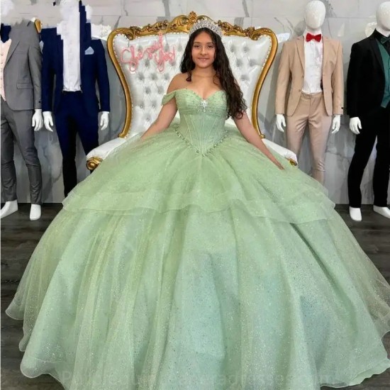 Glitter Ruffles Ball Gown Sweet 15 Year Old Quinceanera Dresses With Bow Sage Green Formal Party Gown For Women