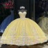 Glitter Yellow Quinceanera Dresses Ball Gowns 3D Flower Sweet 16 Dress Princess Birthday Party Vestido De 15 Anos