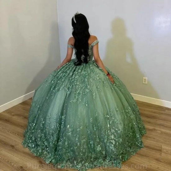 Glittering Mint Green Off Shoulder Quinceanera Dresses Applique Lace Vestidos De 15 Anos Birthday Party Corset Ball Gown