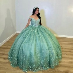 Glittering Mint Green Off Shoulder Quinceanera Dresses Applique Lace Vestidos De 15 Anos Birthday Party Corset Ball Gown