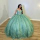 Glittering Mint Green Off Shoulder Quinceanera Dresses Applique Lace Vestidos De 15 Anos Birthday Party Corset Ball Gown