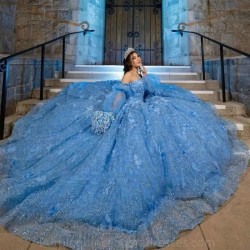 Handmade Flowers Ball Gown Blue Quinceanera Dress Long Sleeve Off Shoulder Lace Appliques Vestido De 15 16 Anos