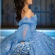 Handmade Flowers Ball Gown Blue Quinceanera Dress Long Sleeve Off Shoulder Lace Appliques Vestido De 15 16 Anos