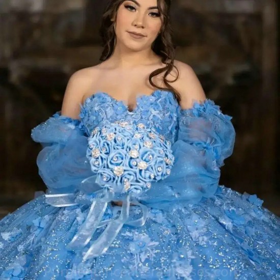 Handmade Flowers Ball Gown Blue Quinceanera Dress Long Sleeve Off Shoulder Lace Appliques Vestido De 15 16 Anos