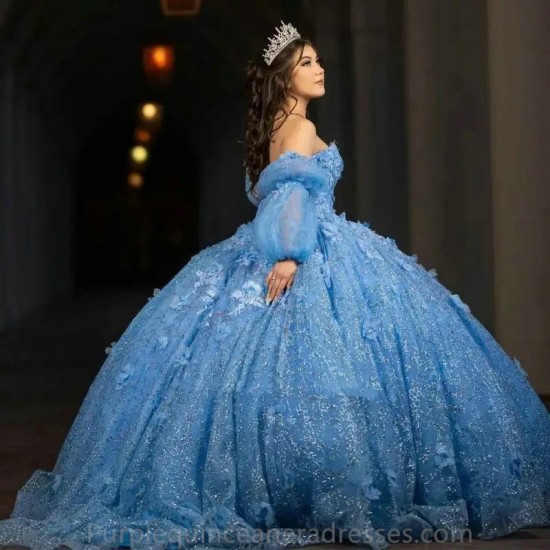 Handmade Flowers Ball Gown Blue Quinceanera Dress Long Sleeve Off Shoulder Lace Appliques Vestido De 15 16 Anos