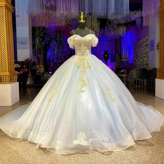 Light Blue Quinceanera Dresses For Mexico 16 Girl Princess Ball Gown Appliques Beads Long Train Luxury Birhtday Party Prom Dress