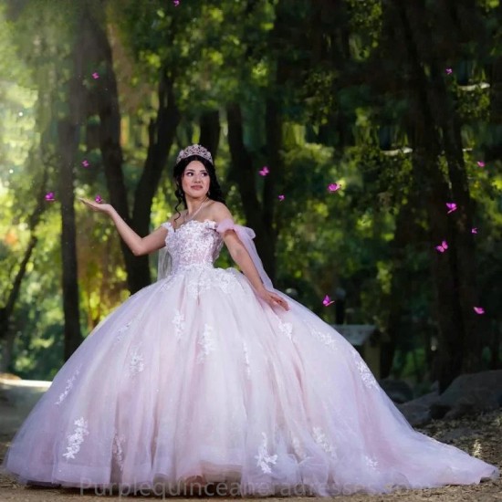 Light Pink Off The Shoulder Ribbons Quinceanera Dresses Ball Gown Floral Appliques Lace Corset Vestidos De 15 Anos