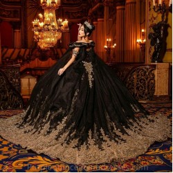 Long Sleeve Black Quinceanera Dress Gold Lace Appliques Beads Ball Gown Beading Sweet 16 Vestidos De 15 Anos