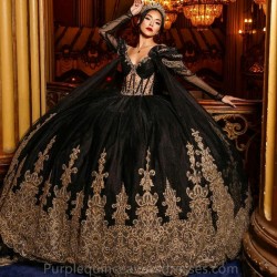 Long Sleeve Black Quinceanera Dress Gold Lace Appliques Beads Ball Gown Beading Sweet 16 Vestidos De 15 Anos