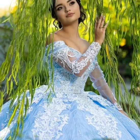 Long Sleeve Blue Quinceanera Dress Applique Lace Beads Ball Gown Sweet 16 Girls 15 Vestidos 15 De Anos