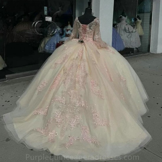 Long Sleeve Champagne Ball Gown Quinceanera Dresses Sweetheart Appliques Lace Corset Vestidos De 15 Anos