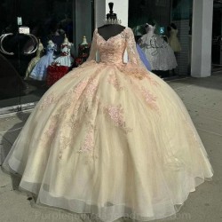 Long Sleeve Champagne Ball Gown Quinceanera Dresses Sweetheart Appliques Lace Corset Vestidos De 15 Anos