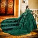 Long Sleeve Emerald Green Crystal Beading Ball Gown Quinceanera Dresses Appliques Lace Corset Vestidos De 15 Anos