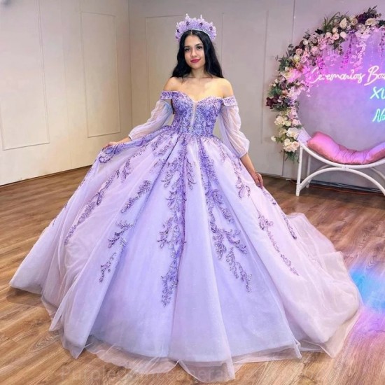 Long Sleeve Lilac Beading Crystal Ball Gown Quinceanera Dresses Off The Shoulder Sequined Appliques Corset Vestidos De 15 Anos