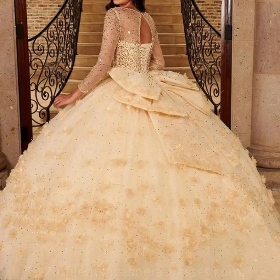 Long Sleeve Quinceaneras Dresses Crystal Beaded Sweet 16 Flower 2024 فساتين Vestidos De 15 Sheer Neck Anos