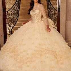 Long Sleeve Quinceaneras Dresses Crystal Beaded Sweet 16 Flower 2024 فساتين Vestidos De 15 Sheer Neck Anos