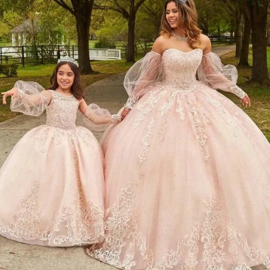 Long Sleeve Quinceaneras Dress Girl Lace Appliques Beaded Sequins Sweet 16 Flower 2024 Vestidos