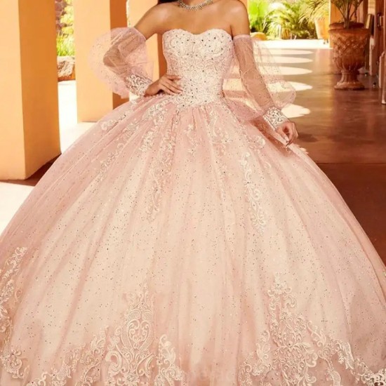 Long Sleeve Quinceaneras Dress Girl Lace Appliques Beaded Sequins Sweet 16 Flower 2024 Vestidos