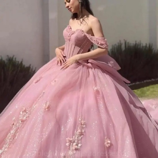 Long Train Pink Quinceanera Dress 2024 Off Shoulder Birthday Party Ball Gown Sweet 15 16 Vestidos De 15 Anos Quinceaneras Miss