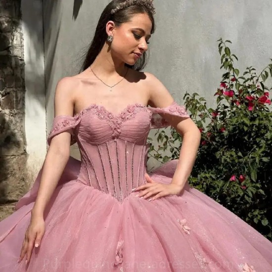 Long Train Pink Quinceanera Dress 2024 Off Shoulder Birthday Party Ball Gown Sweet 15 16 Vestidos De 15 Anos Quinceaneras Miss