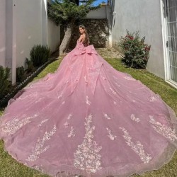 Long Train Pink Quinceanera Dress 2024 Off Shoulder Birthday Party Ball Gown Sweet 15 16 Vestidos De 15 Anos Quinceaneras Miss