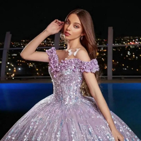 Luxury Boat Neck Off The Shoulder Sequin Flowers Evening Dress 2024 Ball Gown Floor Length Sweep Train Tulle Quinceanera Dress