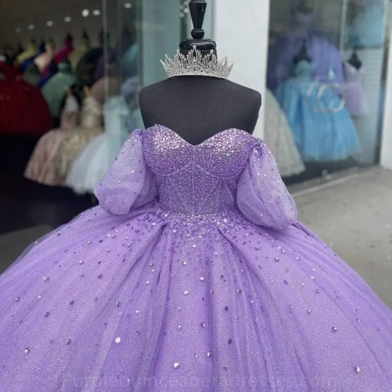 Luxury Lavender Sweetheart Princess Quinceanera Dress Beading Crystal Tulle Elegent Sweet 16 Vestidos