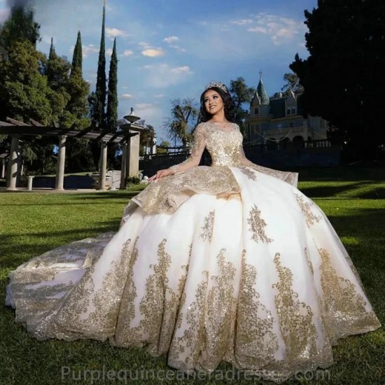 Luxury Princess Ball Gown Quinceanera Dresses Long Sleeve Sequined Appliques Lace Corset Vestidos De 15 Anos