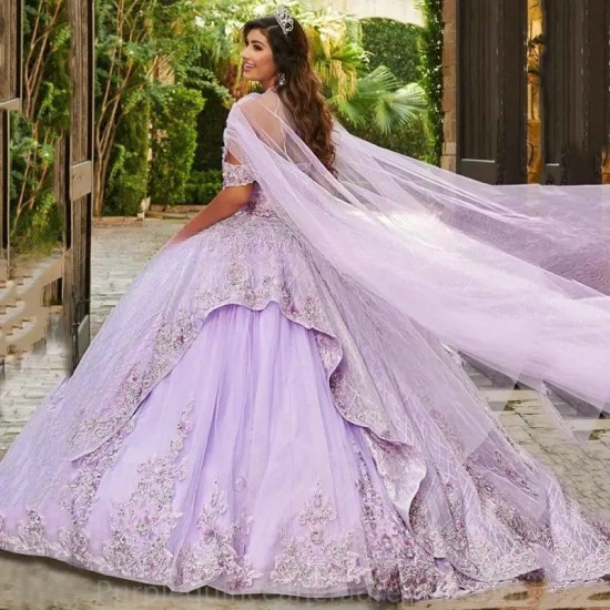 Luxury Sweetheart Open Back Flowers Cloak Quinceanera Evening Dress 2024 Ball Gown Floor Length Sweep Train Lace Up Prom Dress