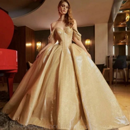 Luxury Sweetheart Shiny Backless Off The Shoulder Evening Dress 2024 Ball Gown Floor Length Sweep Train Quinceanera Dress