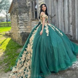 Mexican Green Quinceanera Dress Ball Gown Gold Lace Applique Sweet Vestidos De XV 15 Anos 16 XV Years Old Miss Birthday Mexican