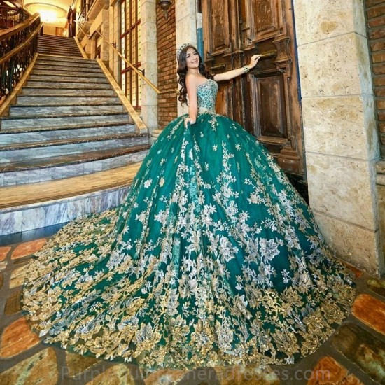 Mexican Green Quinceanera Dresses Ball Gown Gold Beaded Lace Appliques Sweet 16 Dress Princess Lace Up Vestido De 15 Anos