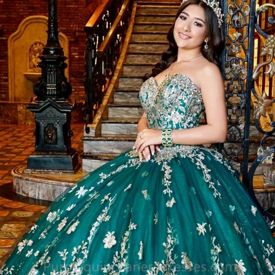 Mexican Green Quinceanera Dresses Ball Gown Gold Beaded Lace Appliques Sweet 16 Dress Princess Lace Up Vestido De 15 Anos