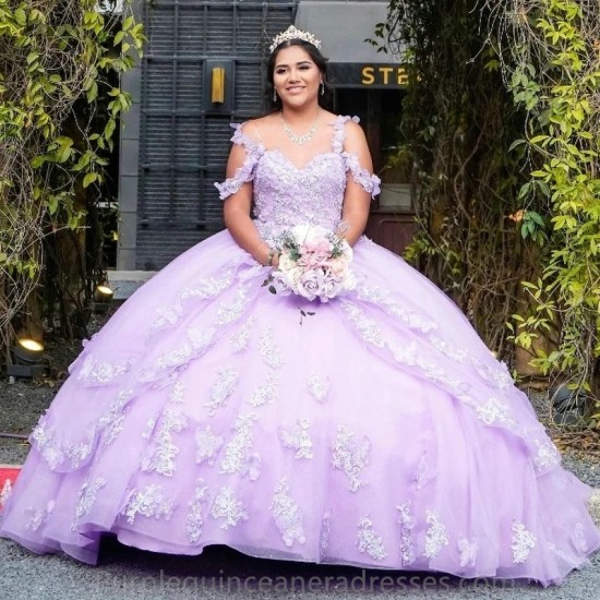 Mexican Lavender Quinceanera Dresses Handmade 3D Floral Applique Lace Birthday Princess Formal Ball Gowns Vestidos XV Anos