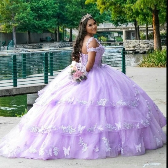 Mexican Lavender Quinceanera Dresses Handmade 3D Floral Applique Lace Birthday Princess Formal Ball Gowns Vestidos XV Anos