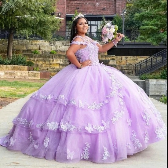 Mexican Lavender Quinceanera Dresses Handmade 3D Floral Applique Lace Birthday Princess Formal Ball Gowns Vestidos XV Anos