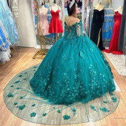 Mexican Sixteen Emerald Green Quinceanera Dresses With Cloak Beading 3D Flowers Princess Prom Gowns