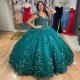 Mexican Sixteen Emerald Green Quinceanera Dresses With Cloak Beading 3D Flowers Princess Prom Gowns