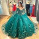 Mexican Sixteen Emerald Green Quinceanera Dresses With Cloak Beading 3D Flowers Princess Prom Gowns