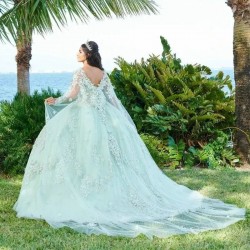 Mint Green Princess Quinceanera Dress Applique Lace With Cape Ball Gown Sweet 16 Dresses Gala Vestido De 15 Anos