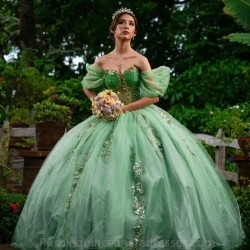 Mint Sweetheart Ball Gown Quinceanera Dress Tulle Applique Lace Beads Party Gown Sweet 16 Vestido De 15 Anos