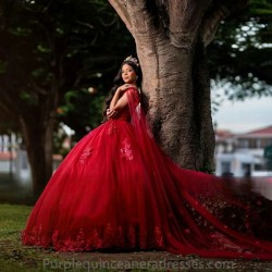 New Red Quinceanera Dress For Sweet 16 Girls Appliques Beads Princess Ball Gown With Cape Birthday Party Gown Vestido De 15