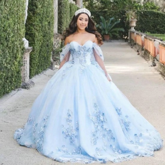 Off Shoulder Blue Quinceanera Dresses 2024 Sweet 15 16 Birthday Party Gown Sweetheart Backless Mexican Dress Flower Prom Formal