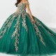 Off Shoulder Emerald Green Beaded Quinceanera Dresses Ball Gown Gold Appliques Lace Sweet 16 vestidos de 15 quinceanera Party