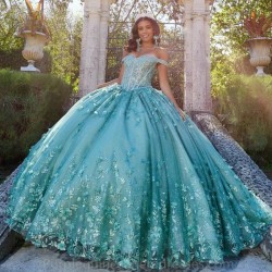 Off Shoulder Glitter Mint Quinceanera Dress Ball Gown Floral Applique Beaded Tiered Sweet 16 Vestidos De 15 Anos