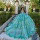 Off Shoulder Glitter Mint Quinceanera Dress Ball Gown Floral Applique Beaded Tiered Sweet 16 Vestidos De 15 Anos