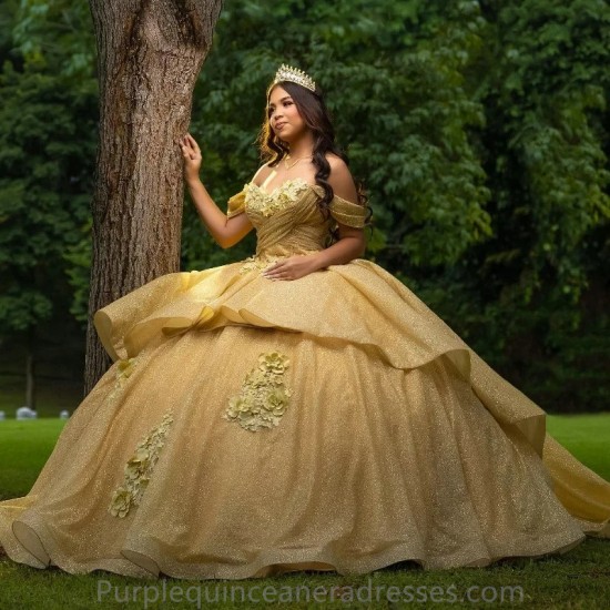 Off Shoulder Gold Quinceanera Dress 2024 Ball Gown Corset Flower Pageant Sweet 16 Vestidos De XV Anos