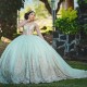 Off Shoulder Green Glittered Quinceanera Dress Gold Applique Lace With Cape Long Sleeved Vestidos Prom Vestidos De Baile