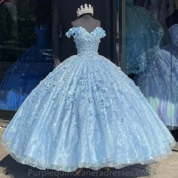 Off Shoulder Light Blue Quinceanera Dresses With Cloak Floral Beading Lace Princess Birthday Party Gowns Corset