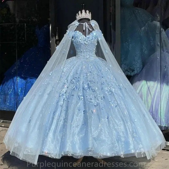 Off Shoulder Light Blue Quinceanera Dresses With Cloak Floral Beading Lace Princess Birthday Party Gowns Corset